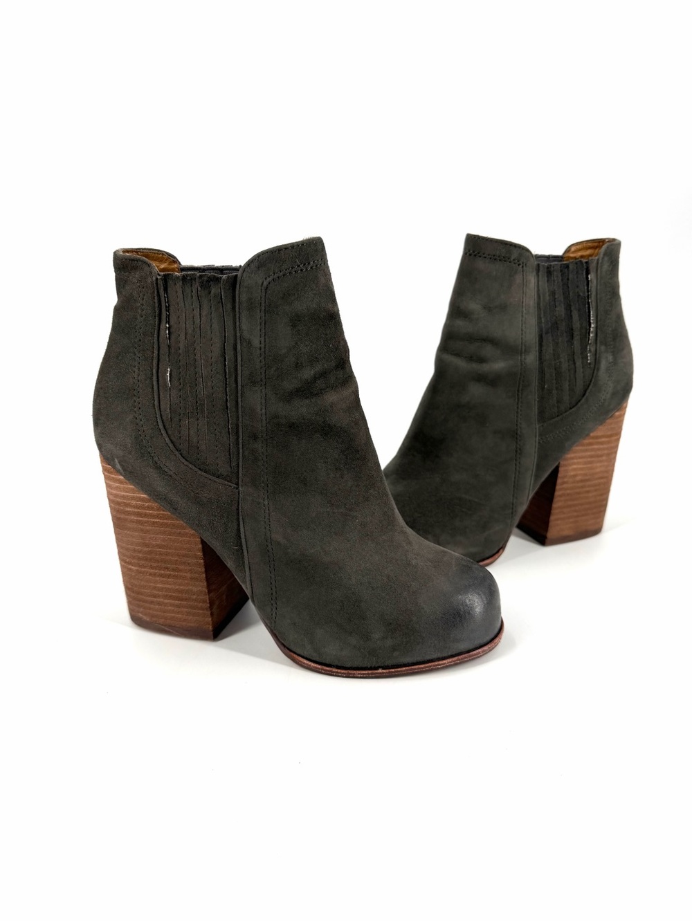 Jeffrey Campbell Knockout Suede Leather Stacked Wood Chunky Heel Ankle Booties